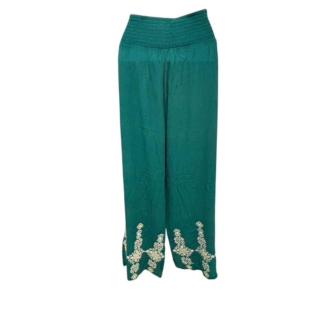 Time for Me Womens Teal Green Embroidered Wide Leg Boho Smocked Pants Large - Picture 3 of 12